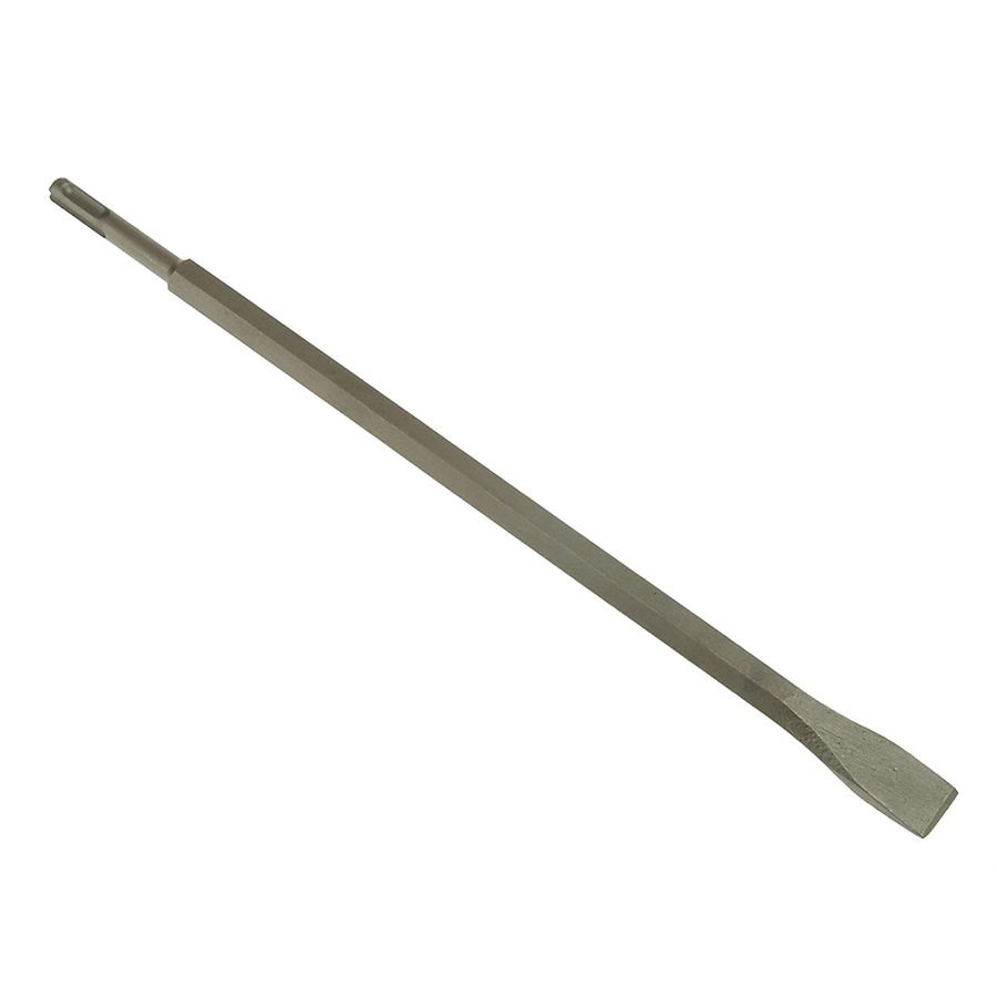 A hardened steel chisel with a bevelled cutting edge and a square-section body, for cutting stone, brick, or timber.