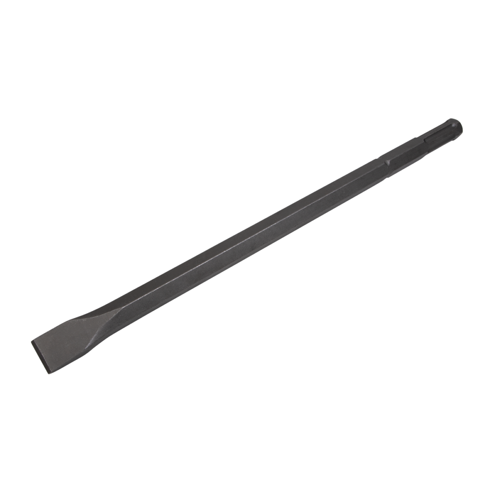 A hardened steel chisel with a bevelled cutting edge and a square-section body, for cutting stone, brick, or timber.