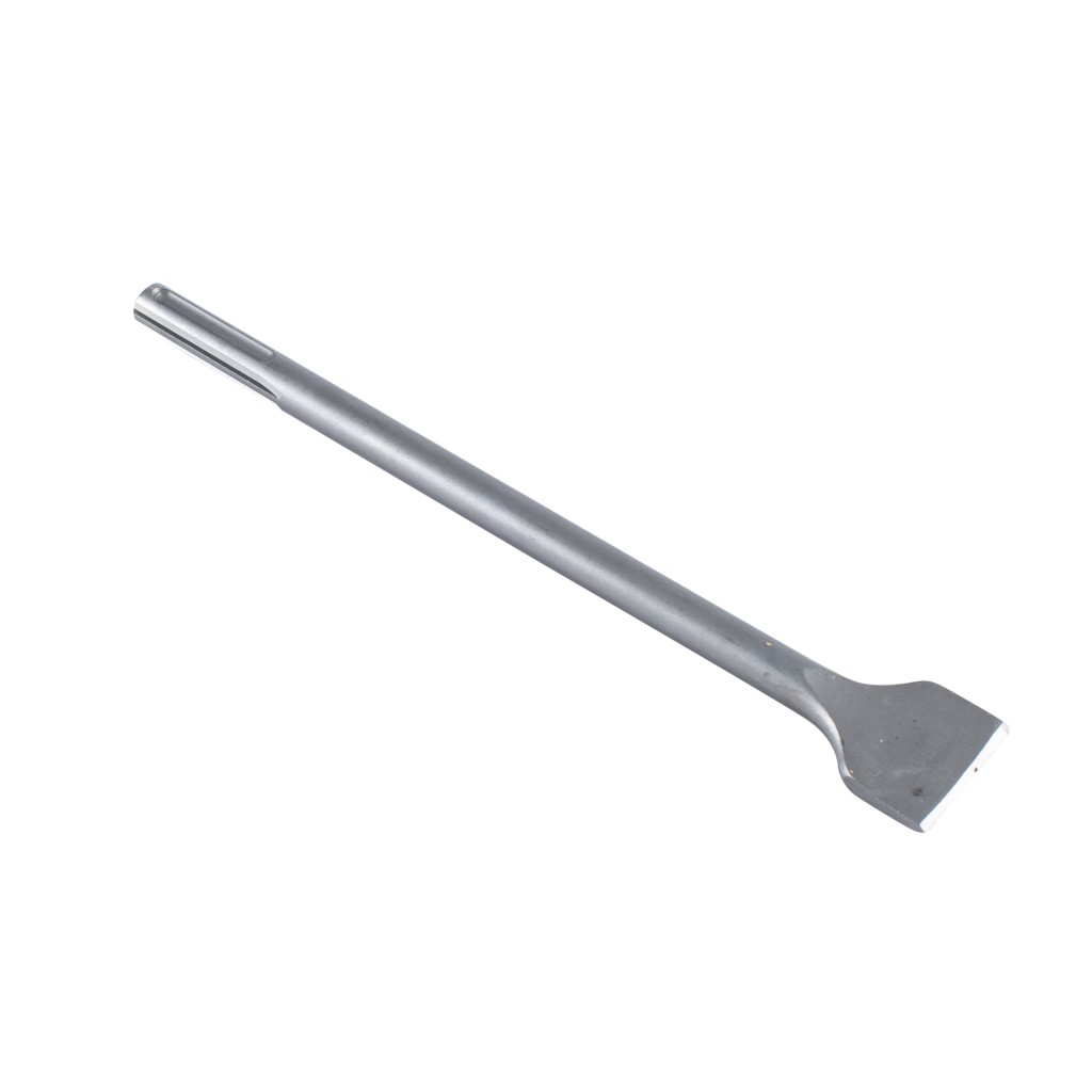 A hardened steel SDS demolition chisel with a wide flat blade, designed for use with SDS rotary hammers to break out tiles, mortar, and concrete.