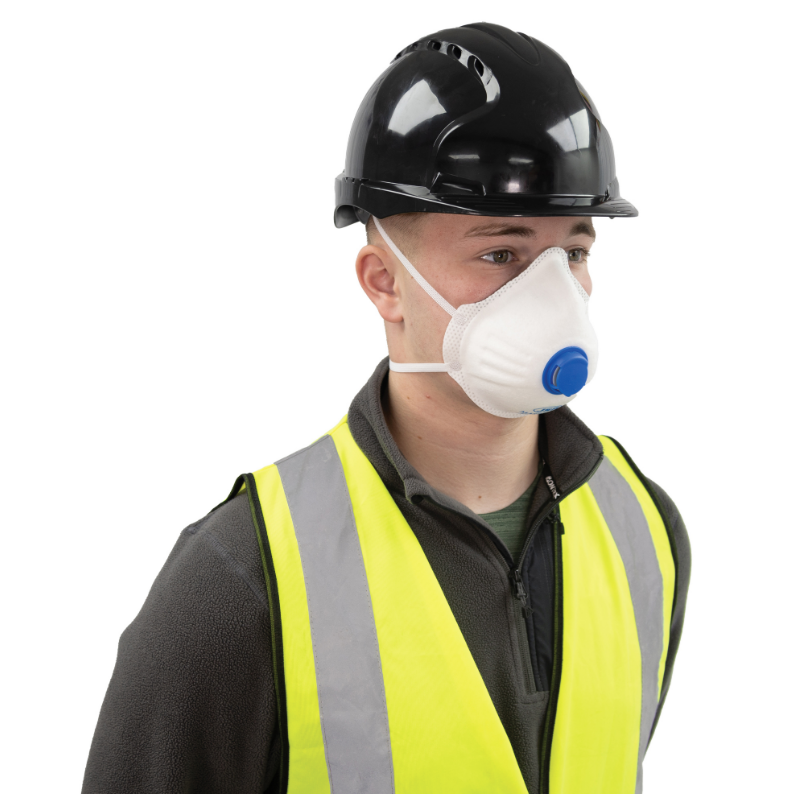 An FFP3-rated disposable respirator with a moulded cup shape and an exhalation valve, providing high-filtration protection against fine dust and particles.