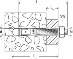 A metal M12 expansion anchor with a threaded shaft, hex nut, and washer, designed for heavy-duty fixing into concrete or masonry surfaces.