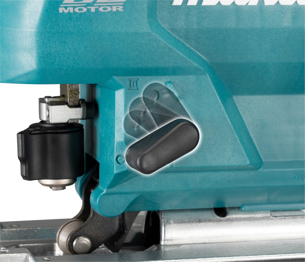 A teal and black Makita cordless jigsaw with 18V orbital action and a variable-speed trigger, for cutting curves and internal shapes.