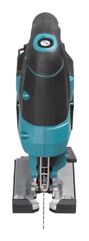 A teal and black Makita cordless jigsaw with 18V orbital action and a variable-speed trigger, for cutting curves and internal shapes.
