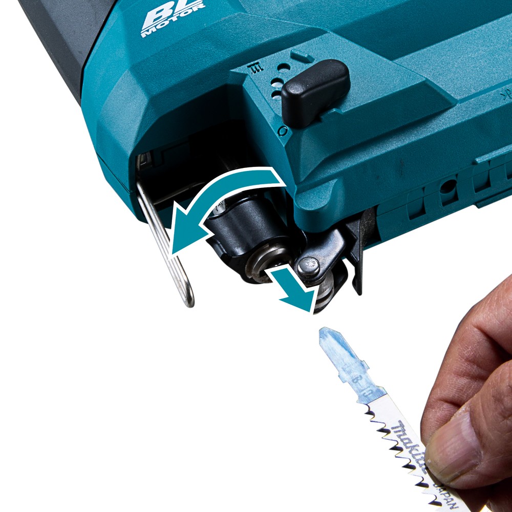 A teal and black Makita cordless jigsaw with 18V orbital action and a variable-speed trigger, for cutting curves and internal shapes.