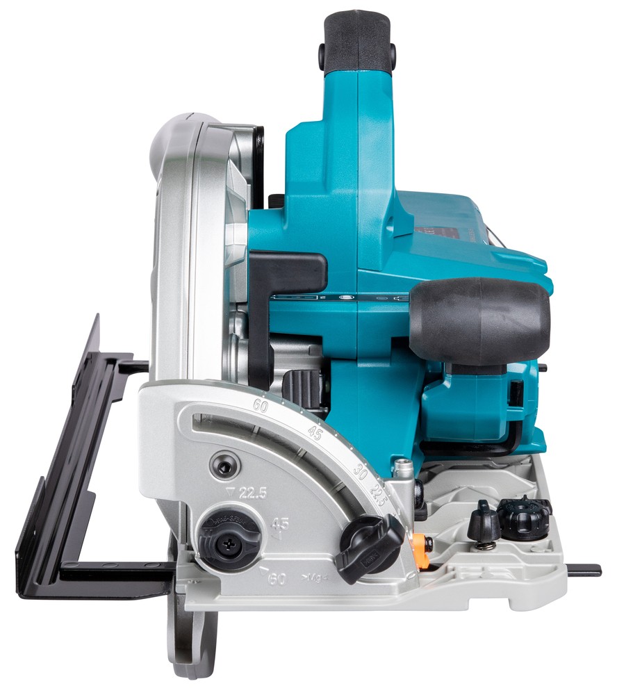 A teal and black Makita cordless circular saw with a 18V motor, an adjustable bevel plate, and a blade guard, for ripping and cross-cutting timber.
