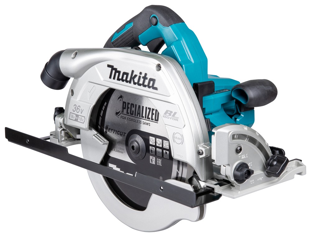 A teal and black Makita cordless circular saw with a 18V motor, an adjustable bevel plate, and a blade guard, for ripping and cross-cutting timber.