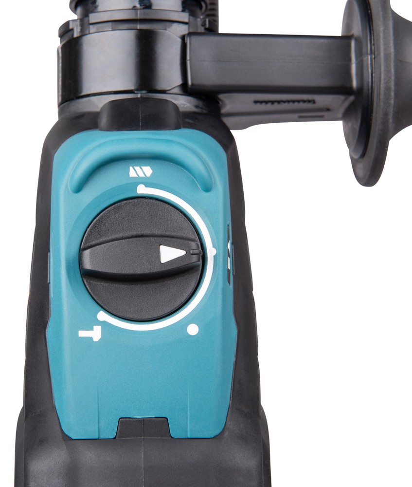 A teal and black Makita cordless SDS-Plus rotary hammer drill with 110V hammer, rotation, and chisel modes, for drilling and chiselling into concrete and masonry.