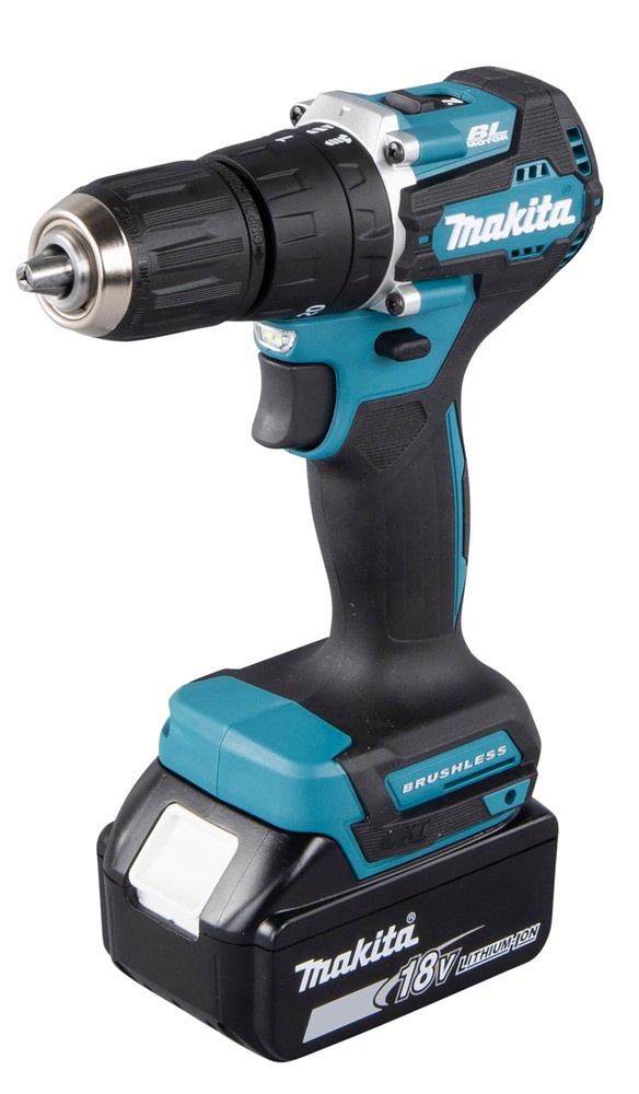 A teal and black Makita cordless impact driver with a 18V motor, a hex-chuck, and variable speed, for high-torque screw driving and fastening.