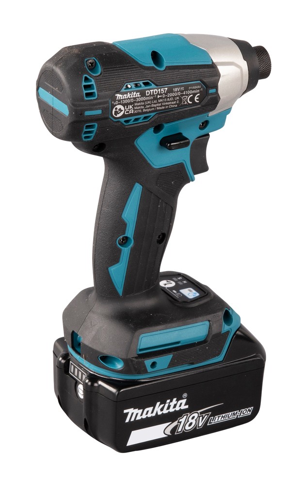 A teal and black Makita cordless impact driver with a 18V motor, a hex-chuck, and variable speed, for high-torque screw driving and fastening.