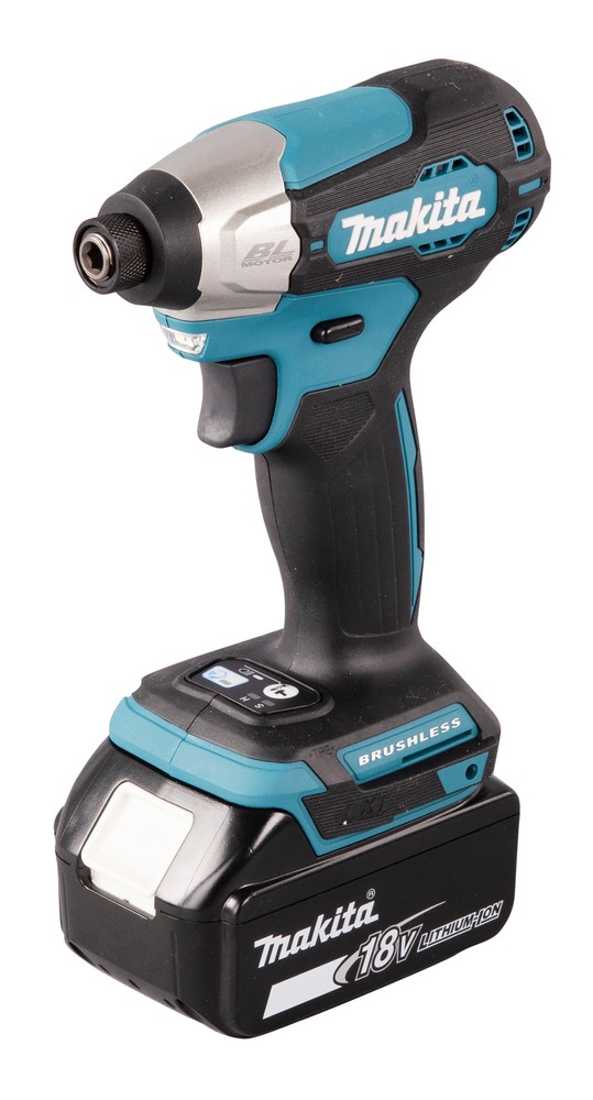 A teal and black Makita cordless impact driver with a 18V motor, a hex-chuck, and variable speed, for high-torque screw driving and fastening.