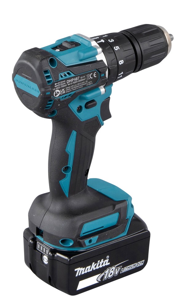 A teal and black Makita cordless impact driver with a 18V motor, a hex-chuck, and variable speed, for high-torque screw driving and fastening.