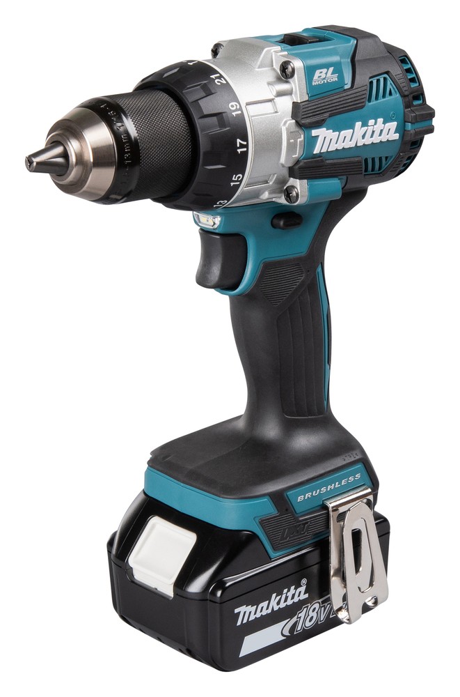 A teal and black Makita cordless combi drill with an 18V motor, a 13mm keyless chuck, and hammer, drill, and screwdriver modes.
