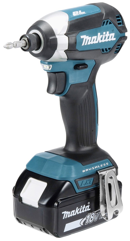 A teal and black Makita cordless combi drill with an 18V motor, a 13mm keyless chuck, and hammer, drill, and screwdriver modes.