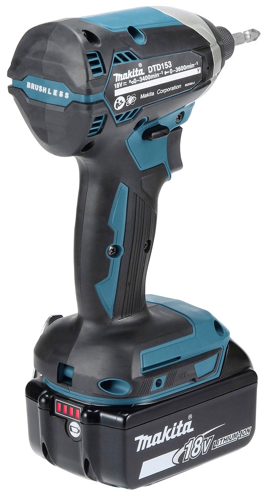 A teal and black Makita cordless combi drill with an 18V motor, a 13mm keyless chuck, and hammer, drill, and screwdriver modes.