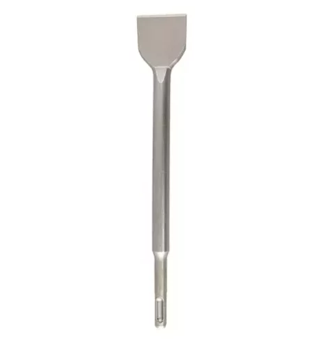 A hardened steel SDS demolition chisel with a wide flat blade, designed for use with SDS rotary hammers to break out tiles, mortar, and concrete.