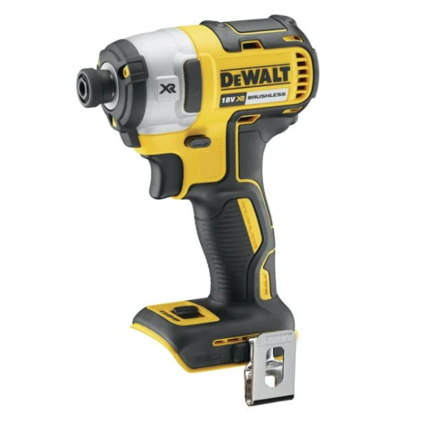 A yellow and black DEWALT cordless combi drill with an 18V motor, a 13mm keyless chuck, and hammer, drill, and screwdriver modes.