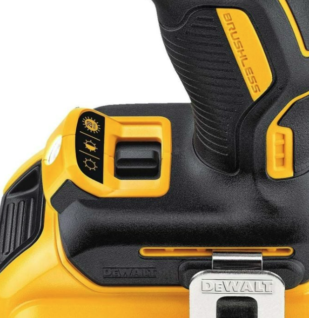 A yellow and black DEWALT cordless combi drill with an 18V motor, a 13mm keyless chuck, and hammer, drill, and screwdriver modes.