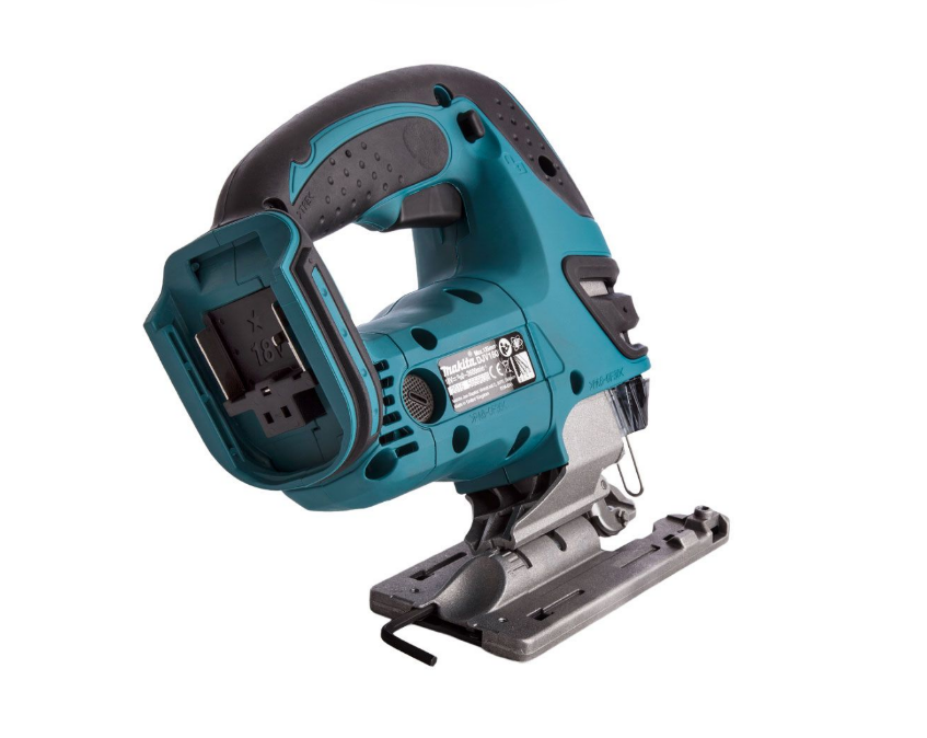 A teal and black Makita cordless jigsaw with 18V orbital action and a variable-speed trigger, for cutting curves and internal shapes.