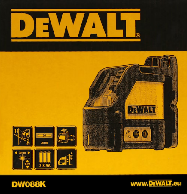 A yellow and black DEWALT self-levelling laser level projecting horizontal and vertical lines, for precision alignment and setting-out work.