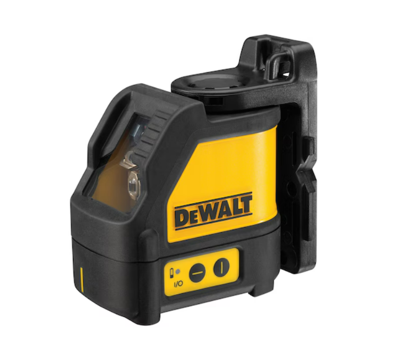 A yellow and black DEWALT self-levelling laser level projecting horizontal and vertical lines, for precision alignment and setting-out work.