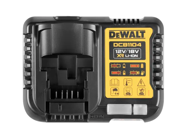 A yellow and black DEWALT battery charger compatible with the slide-pack lithium-ion batteries, with charge indicator LEDs.