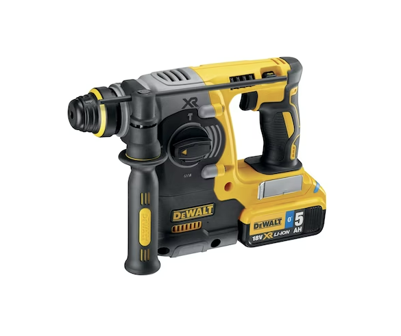 A yellow and black DEWALT cordless combi drill with an 18V motor, a 13mm keyless chuck, and hammer, drill, and screwdriver modes.