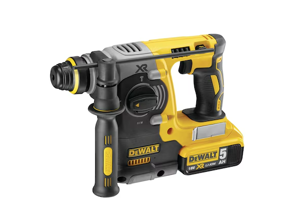 A yellow and black DEWALT cordless combi drill with an 18V motor, a 13mm keyless chuck, and hammer, drill, and screwdriver modes.