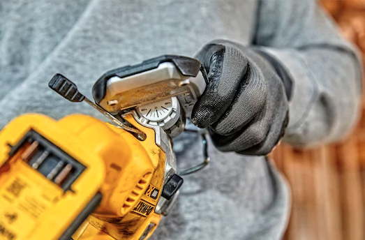 A yellow and black DEWALT cordless jigsaw with 18V orbital action and a variable-speed trigger, for cutting curves and internal shapes.