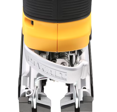 A yellow and black DEWALT cordless jigsaw with 18V orbital action and a variable-speed trigger, for cutting curves and internal shapes.