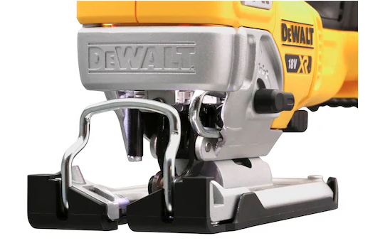 A yellow and black DEWALT cordless jigsaw with 18V orbital action and a variable-speed trigger, for cutting curves and internal shapes.