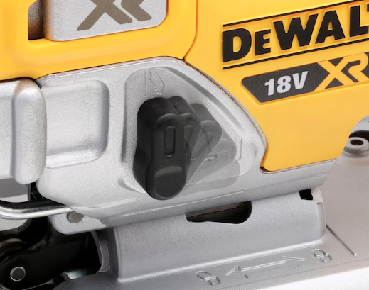 A yellow and black DEWALT cordless jigsaw with 18V orbital action and a variable-speed trigger, for cutting curves and internal shapes.