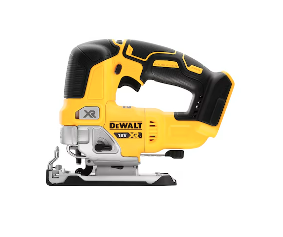 A yellow and black DEWALT cordless jigsaw with 18V orbital action and a variable-speed trigger, for cutting curves and internal shapes.