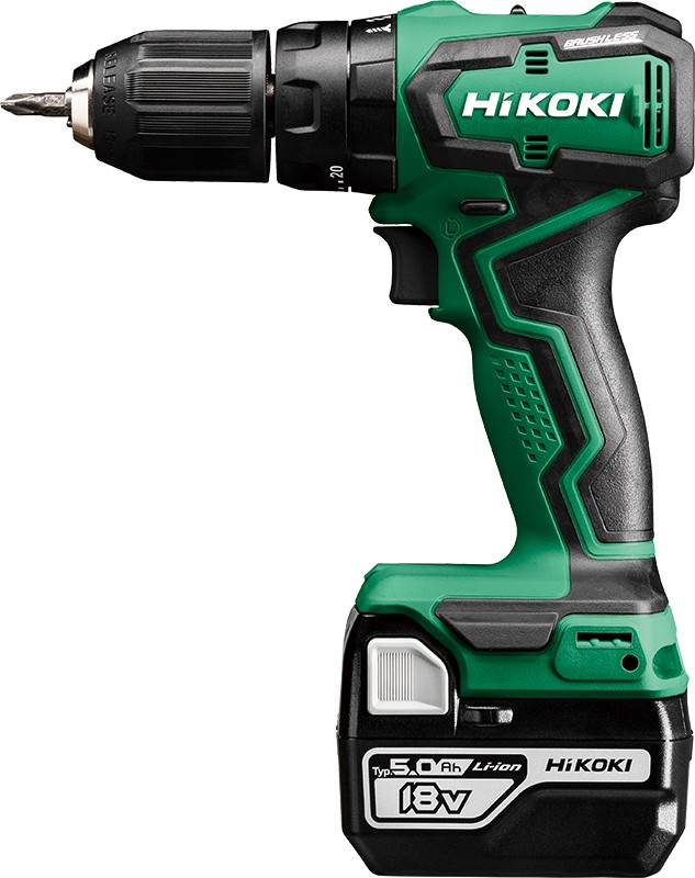 A green and black HiKOKI cordless combi drill with an 18V motor, a 13mm keyless chuck, and hammer, drill, and screwdriver modes.