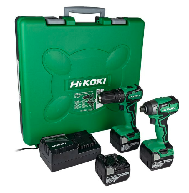 A green and black HiKOKI cordless combi drill with an 18V motor, a 13mm keyless chuck, and hammer, drill, and screwdriver modes.
