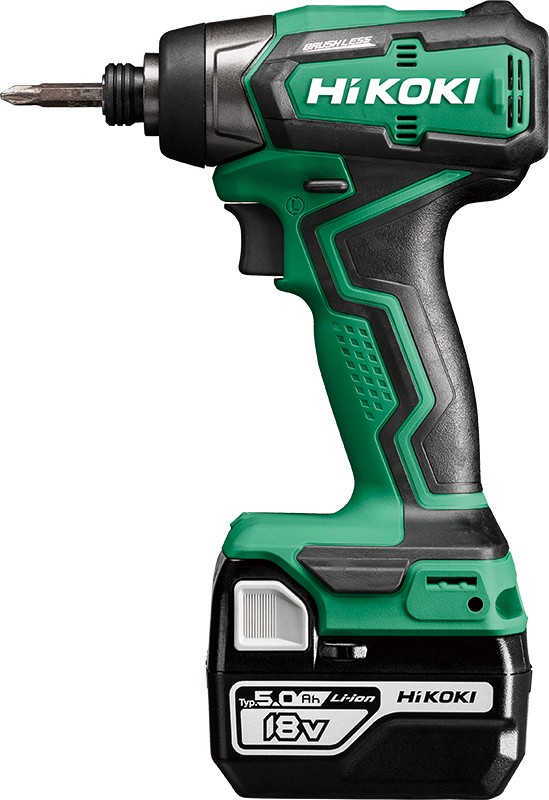 A green and black HiKOKI cordless combi drill with an 18V motor, a 13mm keyless chuck, and hammer, drill, and screwdriver modes.