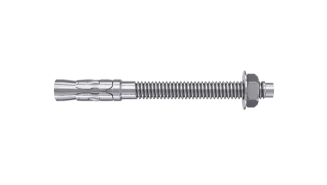 A galvanised M10 through bolt anchor with a hex nut and washer, featuring a threaded shaft and expansion sleeve, designed for securing heavy loads to concrete or masonry surfaces.