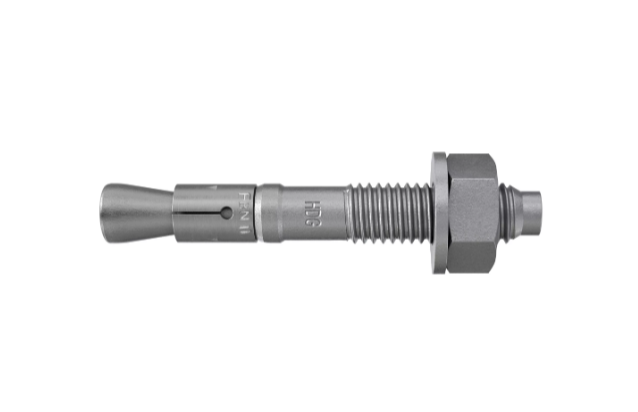 A galvanised through bolt anchor with a hex nut and washer, featuring a threaded shaft and expansion sleeve, designed for securing heavy loads to concrete or masonry surfaces.