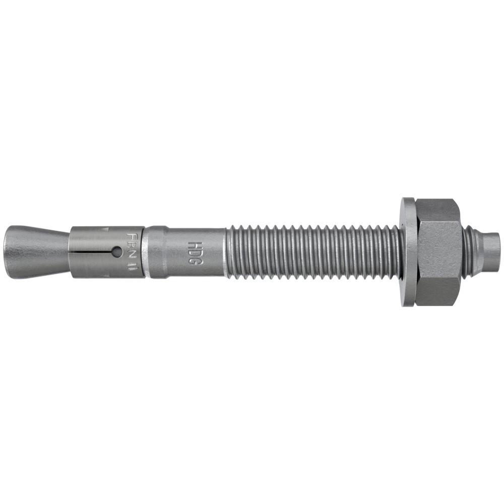 A galvanised M12 through bolt anchor with a hex nut and washer, featuring a threaded shaft and expansion sleeve, designed for securing heavy loads to concrete or masonry surfaces.