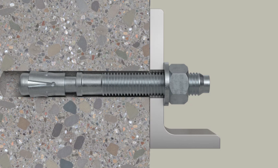 A galvanised M12 through bolt anchor with a hex nut and washer, featuring a threaded shaft and expansion sleeve, designed for securing heavy loads to concrete or masonry surfaces.