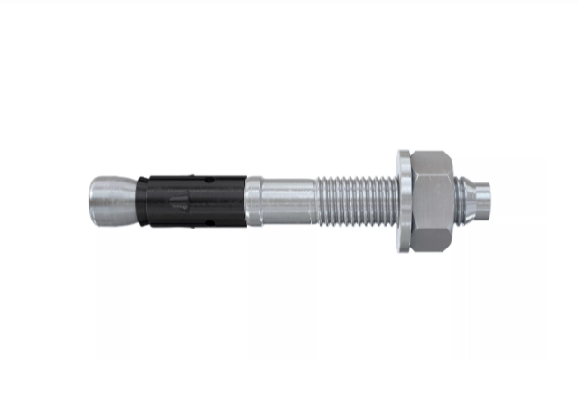 A bright zinc plated M6 through bolt anchor with a hex nut and washer, featuring a threaded shaft and expansion sleeve, designed for securing heavy loads to concrete or masonry surfaces.
