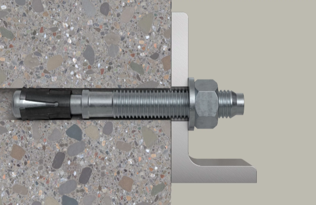 A bright zinc plated M24 through bolt anchor with a hex nut and washer, featuring a threaded shaft and expansion sleeve, designed for securing heavy loads to concrete or masonry surfaces.