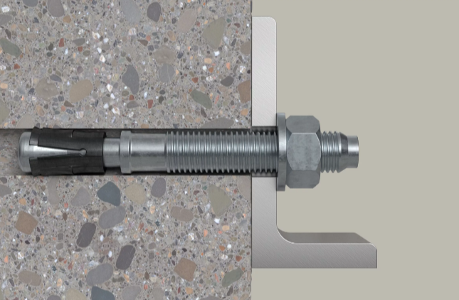 A metal through bolt anchor with a hex nut and washer, featuring a threaded shaft and expansion sleeve, designed for securing heavy loads to concrete or masonry surfaces.