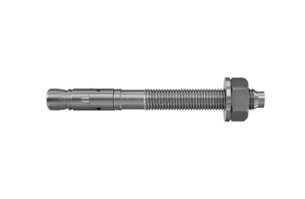 A metal through bolt anchor with a hex nut and washer, featuring a threaded shaft and expansion sleeve, designed for securing heavy loads to concrete or masonry surfaces.