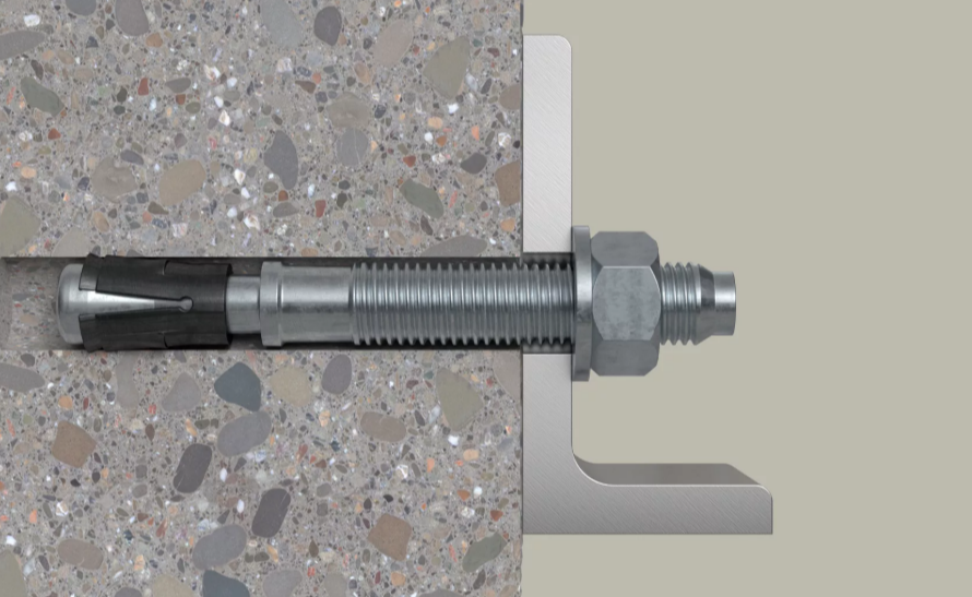 A stainless steel M8 through bolt anchor with a hex nut and washer, featuring a threaded shaft and expansion sleeve, designed for securing heavy loads to concrete or masonry surfaces.