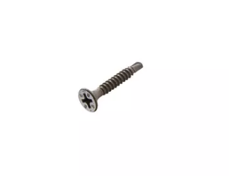 A steel screw with a threaded shaft and sharp point, for general-purpose fastening applications.