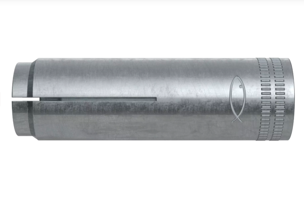 A metal M16 drop-in anchor with an internally threaded barrel and an expansion clip, designed for flush installation into pre-drilled holes in concrete.