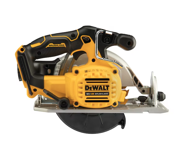 A yellow and black DEWALT cordless circular saw with a 18V motor, an adjustable bevel plate, and a blade guard, for ripping and cross-cutting timber.