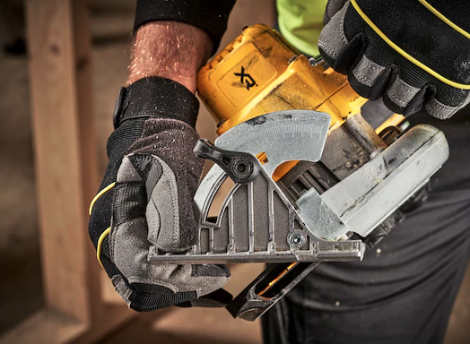 A yellow and black DEWALT cordless circular saw with a 18V motor, an adjustable bevel plate, and a blade guard, for ripping and cross-cutting timber.