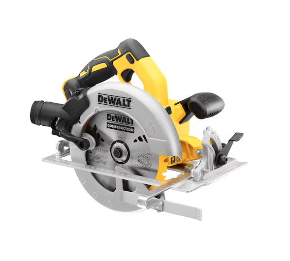 A yellow and black DEWALT cordless circular saw with a 18V motor, an adjustable bevel plate, and a blade guard, for ripping and cross-cutting timber.