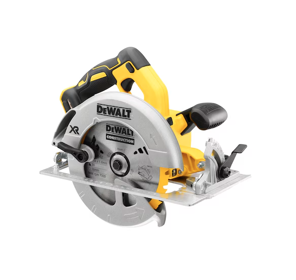 A yellow and black DEWALT cordless circular saw with a 18V motor, an adjustable bevel plate, and a blade guard, for ripping and cross-cutting timber.